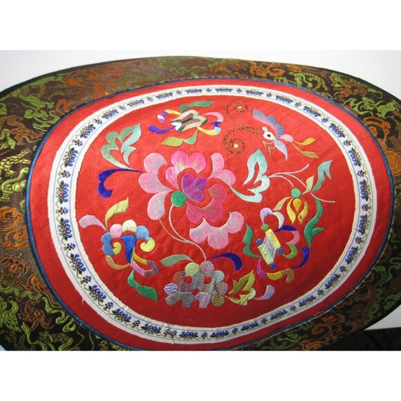 Vintage Asian Chinese Embroidered Silk Art Floral Panel Handmade Textile Round - Picture 3 of 6